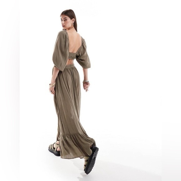 Free People Cross My Heart Cutout Maxi Dress taupe balloon sleeve side cut outs - Picture 8 of 14